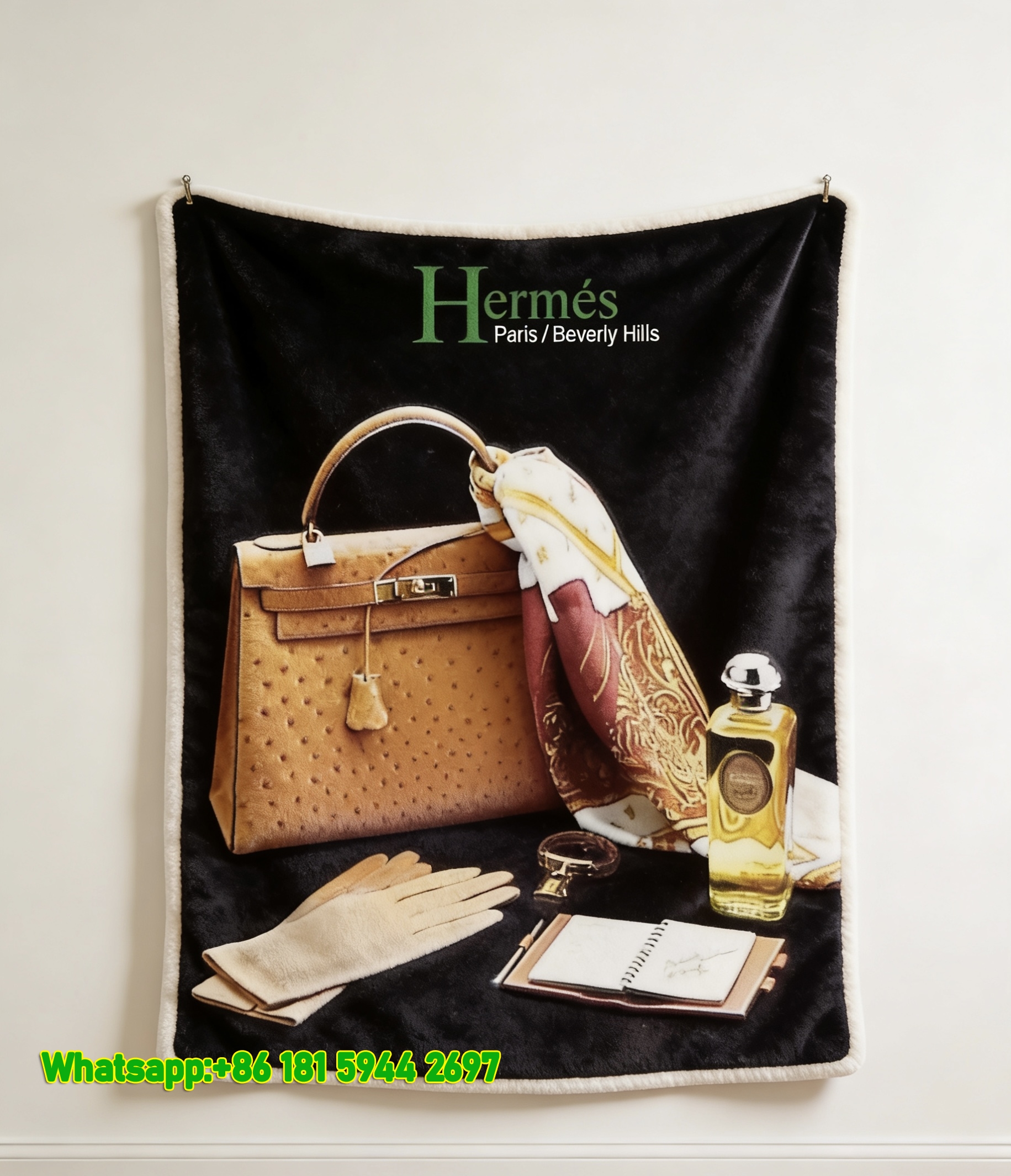 Hermès Vintage Kelly Bag & Luxury Accessories Print Flannel Throw Blanket IMG_5121